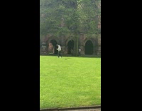Couple and guy white jacket selfie lawn