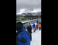 Woman tries to ski over water and immediately sinks into pool