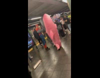 Collab Subway Creatures - Guys walks with dolphin costume in subway 