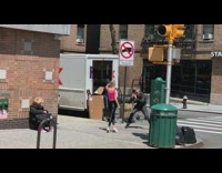 Blonde girl pink face mask FedEx street