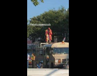 White shorts guy dances brown bus roof 