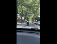 Person on mobility scooter drives in front of car 