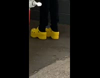 Girl yellow platform crocs shoes blue backpack