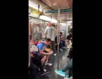 Man gray hoodie dog on shoulder subway