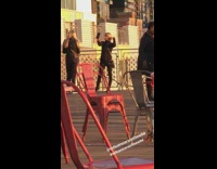 deck red chairs woman selfie