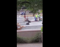 Shirtless guy rides skateboard while doing handstand 