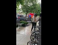 Girl donuts stacked on palm white jacket 