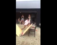 NSFW Guy in black hat white shirt khaki pants breaks table in half sends red cups flying