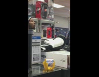 Dog in store with paws on counter 