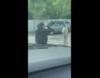 Guy crosses street with horse 