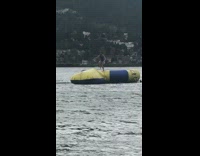 Girl jumps off inflatable trampoline in lake and scorpions into water