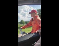 Girl red hat hang on car moving see ya