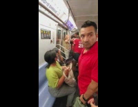 Collab Subway Creatures - Group of teens get in a fight with woman in yellow floral shirt, woman grabs kids hair and wont let go on subway train