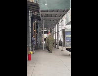 Tall person walking with green grass costume