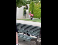 Woman blue pink shirt brown trolley park