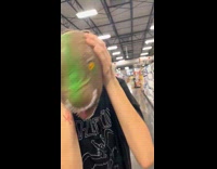 Woman struggles to remove rubber dinosaur mask