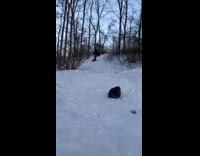 Guy on snowboard runs into basket goal 