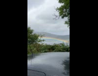 Friends appreciating double rainbow over ocean