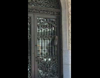 possum walks up black gates on door