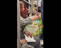 Woman with pet duck on shopping bag 