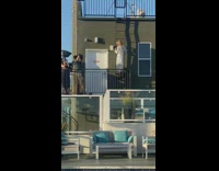 White dress girl climbs black ladder pool 