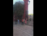 Woman leans on gate old cathedral picture