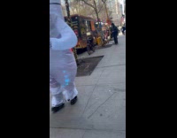 Person in inflatable bear walks around street