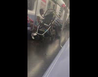 Boy hangs from bar in train 