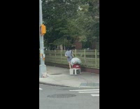 Lady with recyclables drags AC by cord 