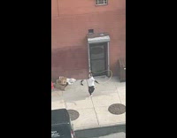 Person jump ropes outside near trash cans