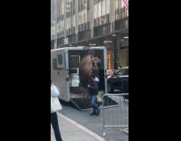 Camel escorted from truck to the building
