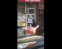 Black bandana guy shopping cart raw meat