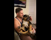 Guy holds and cradles dog like baby 