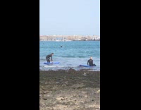 Two guys in wetsuits surfing struggle to get deep into the water
