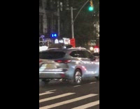 Brown horse pulls red carriage down street 