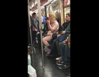 Collab Subway Creatures - Naked skin costume morphsuit with fanny pack puts on Donald Trump mask and acts crazy on subway  