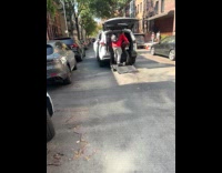 Men try to put motorcycle inside car