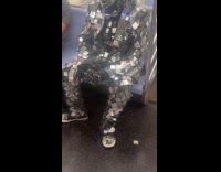 Man wears shiny outfit inside the train
