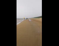 Two girls hold umbrellas beach shore sand