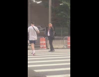 Trump costume mask suit person directs traffic