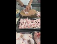 Guy cuts chicken feet with knife 