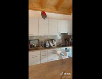 Grey cat jumps from cabinet onto island 