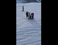 Three people snowboard upside down snow pictorial