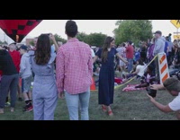 Girl blue romper posing music festival crowd