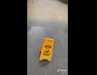 Person put wet floor sign beside flood