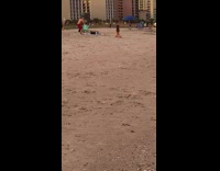 Red shorts guy photographs bikini girl beach 