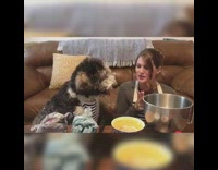 Girl black dog cook bake striped apron 