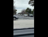 White robot vacuum crosses road and returns