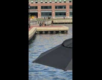 Woman black dress stand flash pier umbrella