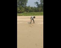 Guy play with small crab with stick